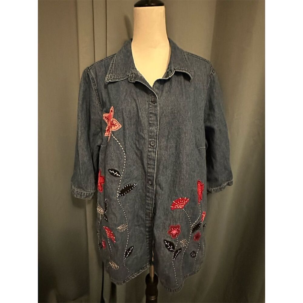 Liz & Me Women's 2XL Blue Floral Embroidered Denim Jacket